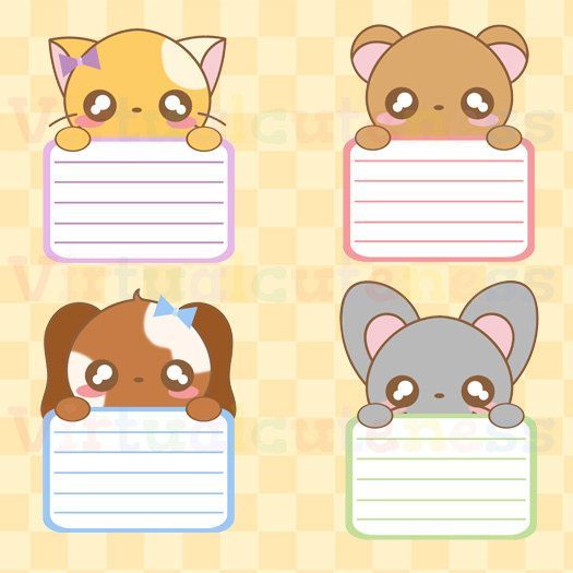 Four kawaii-style animal characters (cat, bear, dog, mouse) holding lined notepads on a checkered background.