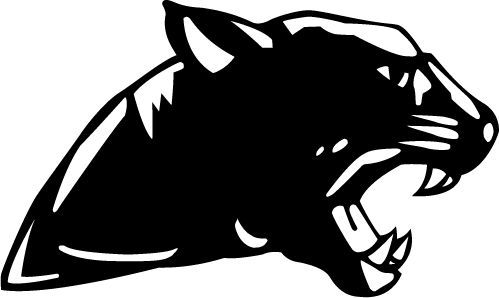 Black panther head logo with open mouth, sharp teeth, and fierce expression in high-contrast silhouette style.