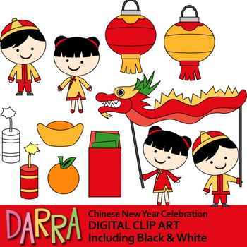 Chinese New Year celebration clip art featuring children, dragon dance, lanterns, oranges, firecrackers, and red envelopes in color and B&W.
