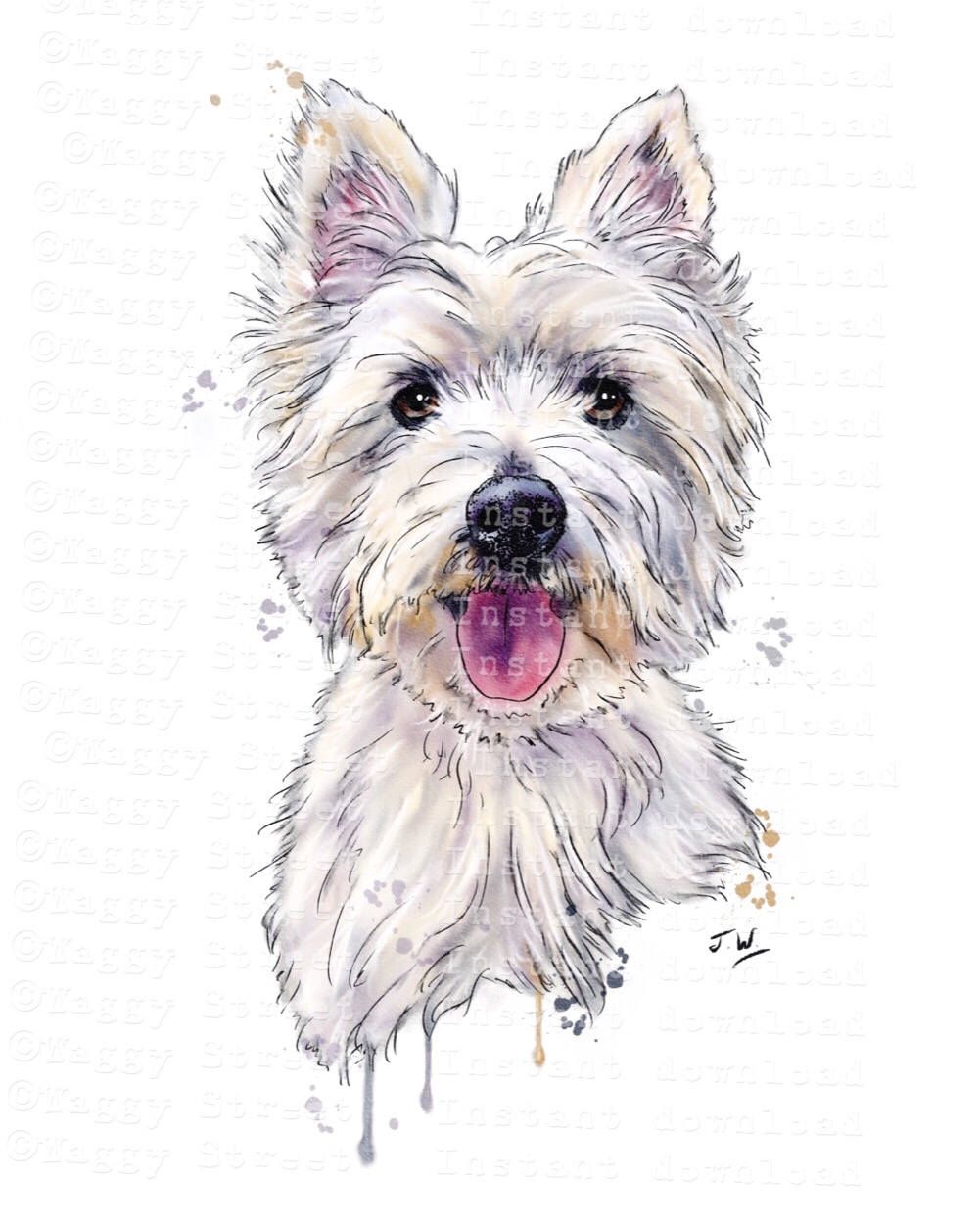 Watercolor illustration of a happy West Highland White Terrier with tongue out and expressive eyes.