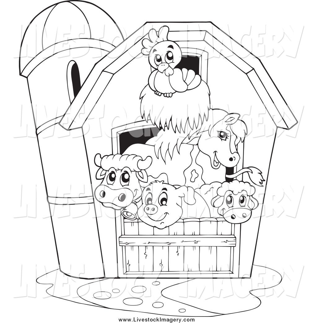 Cartoon farm animals-chicken, horse, cow, pig, sheep-peeking from a barn with silo and puddles.