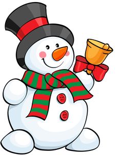 Cheerful snowman wearing black top hat, red-green scarf, holding golden bell with red bow.