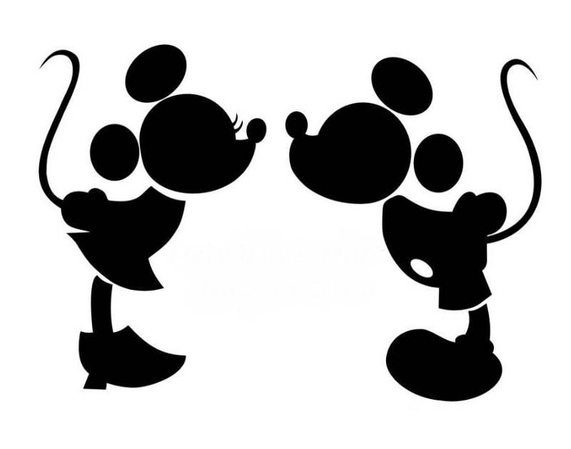 Silhouette of Mickey and Minnie Mouse kissing, iconic Disney couple in black-and-white vector style.