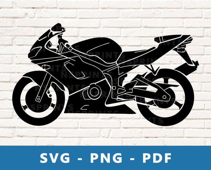 Black silhouette of a sport motorcycle on white brick wall, available as SVG, PNG, and PDF files.