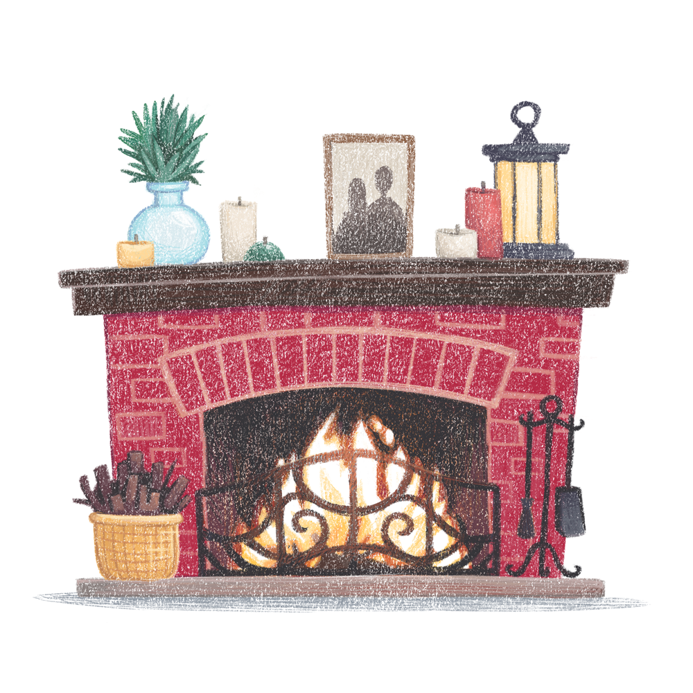 Cozy brick fireplace with roaring fire, mantel decor including candles, photo frame, plant, and lantern, plus firewood basket and tools.