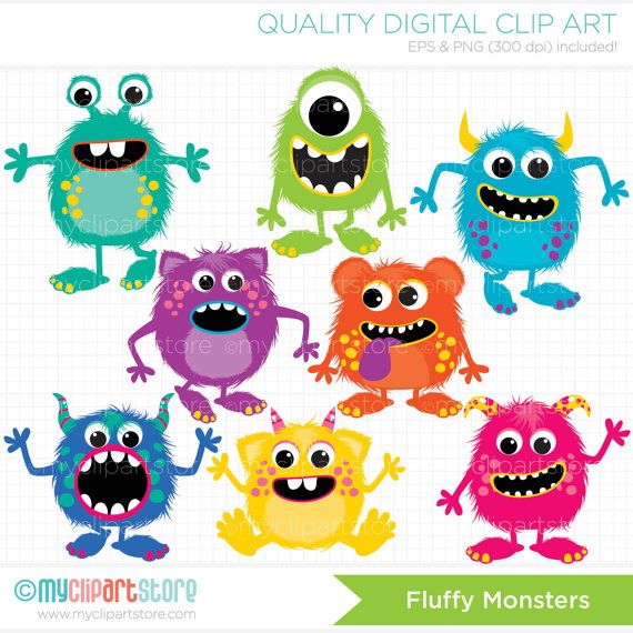Eight colorful fluffy monster clip art characters with big eyes and friendly smiles on grid background.
