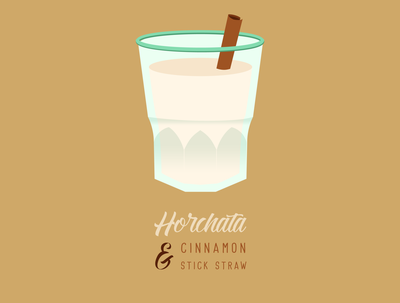A glass of horchata with a cinnamon stick straw, illustrated in minimalist style on a warm beige background.