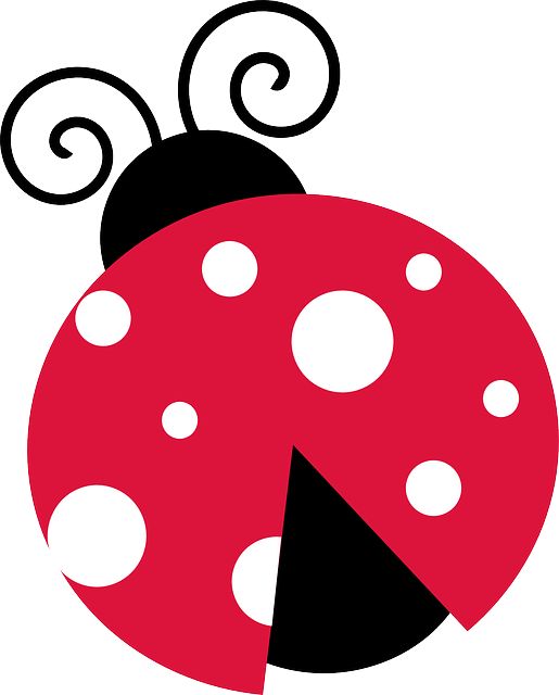 Stylized red ladybug with white spots, black head, and decorative swirl antennae on white background.