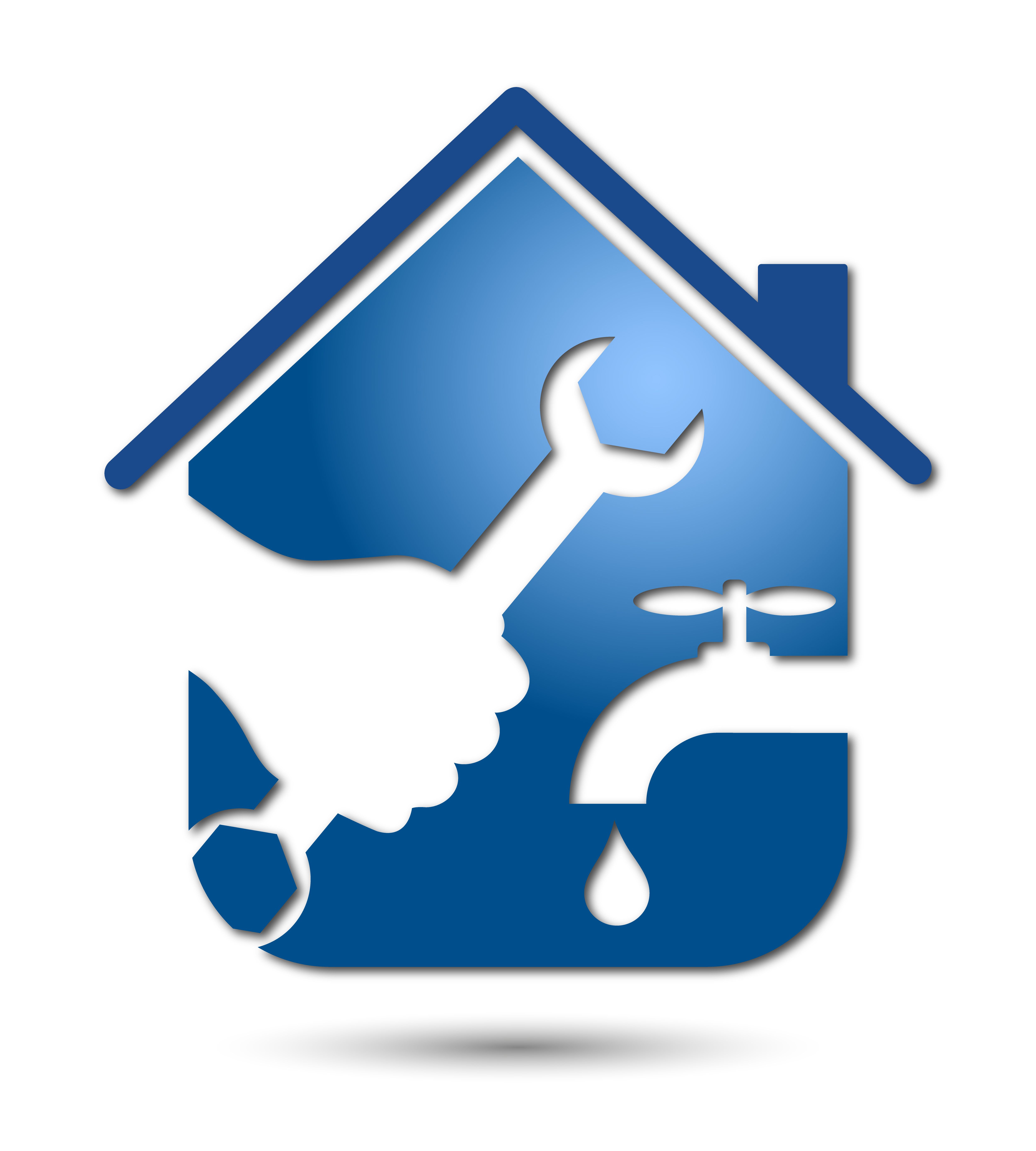 Blue house icon with wrench, faucet, and water droplet symbols indicating home plumbing services.