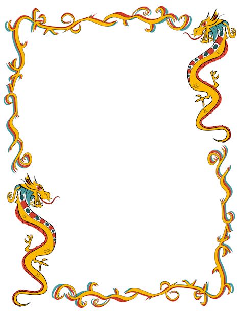 Vibrant ornamental border featuring two colorful Chinese dragons with swirling golden motifs on white background.