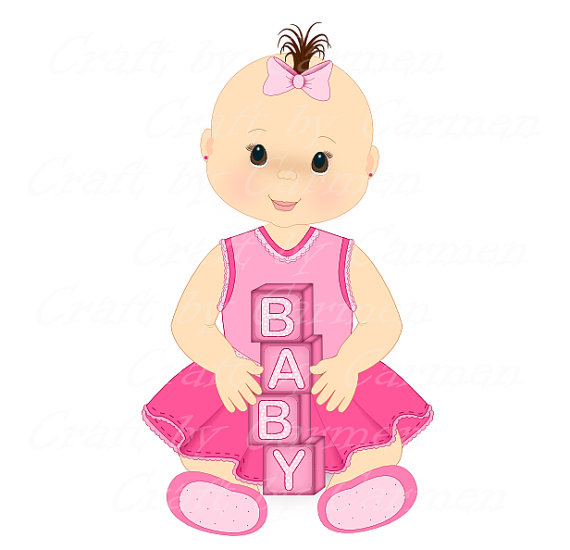 Smiling baby girl in pink outfit holding stacked blocks spelling "BABY", with bow and tuft of hair.