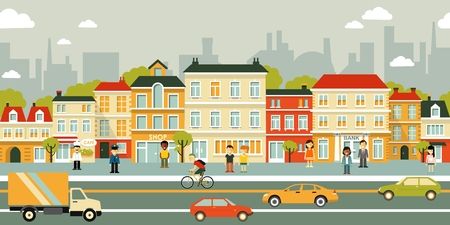 Colorful city street scene with pedestrians, cyclists, cars, and diverse buildings under a cloudy sky.