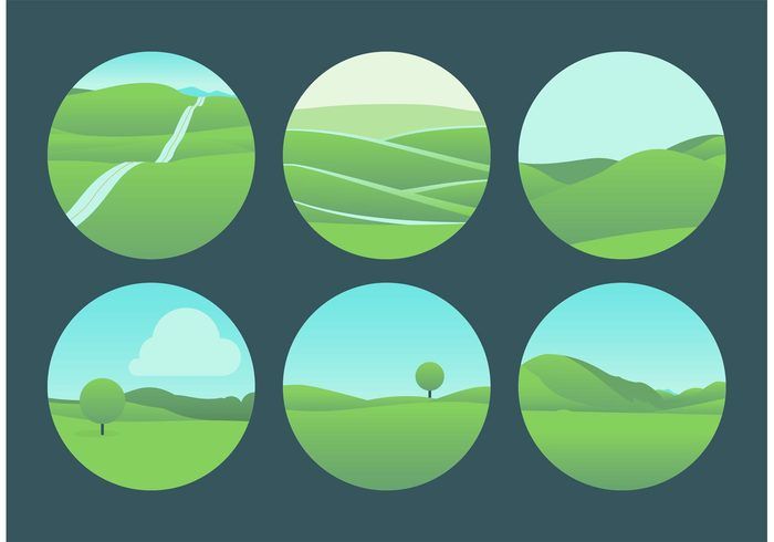 Six circular vector illustrations of serene green landscapes with hills, paths, trees, and skies.