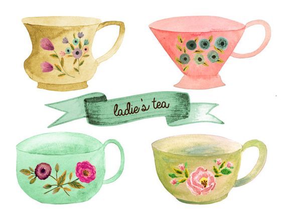 Four watercolor teacups with floral patterns and a "ladies' tea" ribbon banner.