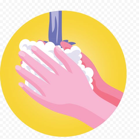 Hands washing with soap under running water, illustrated in a circular yellow icon.