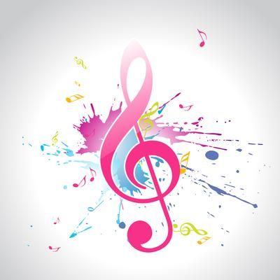 Vibrant pink treble clef surrounded by colorful musical notes and paint splashes on a light background.