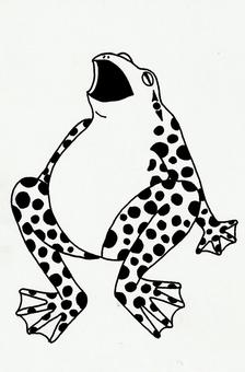Black-and-white spotted frog illustration with wide-open mouth, stylized in bold linework.