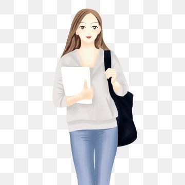Young woman holding a tablet and carrying a black tote bag, dressed casually in gray sweater and blue jeans.
