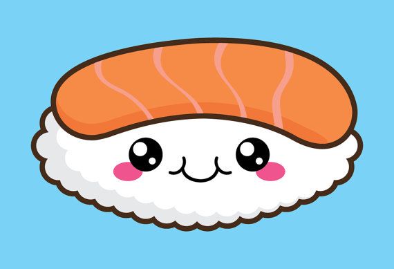 Cute kawaii-style salmon nigiri sushi with smiling face, pink cheeks, and big eyes on light blue background.