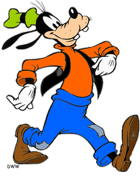 Goofy running joyfully in his classic orange shirt, blue pants, and green hat.