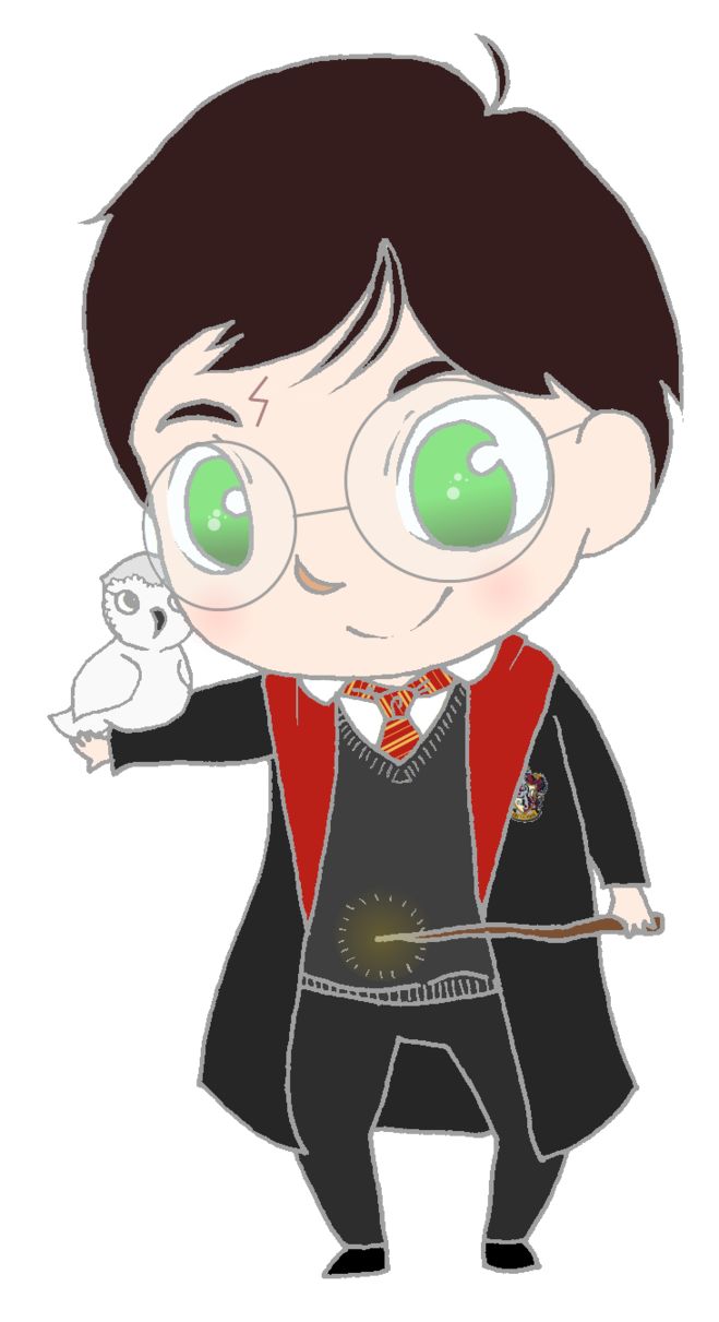 Chibi-style Harry Potter in Hogwarts robes holding Hedwig and a wand with sparkles.