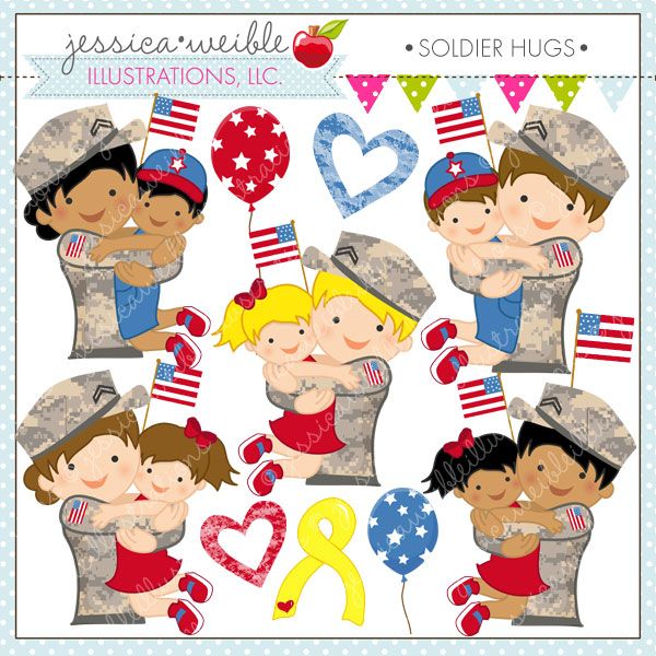 Cute cartoon children hugging soldiers in camouflage uniforms with American flags, balloons, and patriotic decorations.