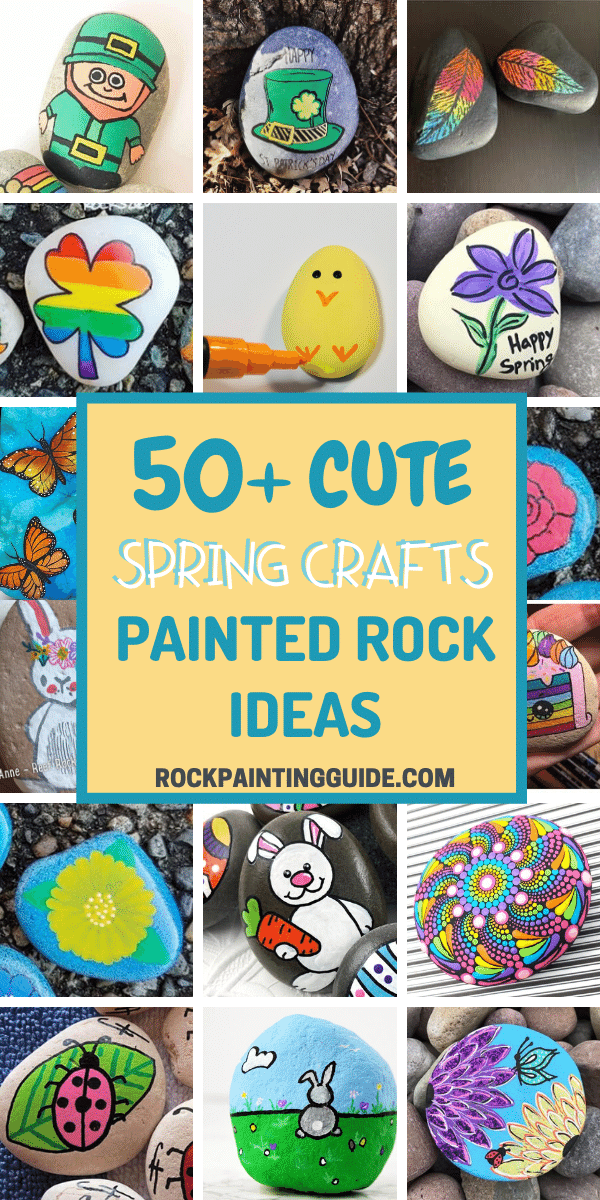 Collection of 50+ colorful spring-themed painted rocks including leprechauns, bunnies, flowers, and rainbows.