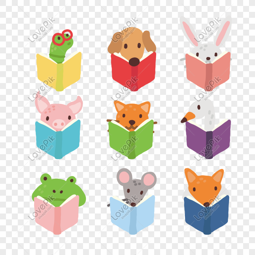 Nine cute cartoon animals-including frog, dog, rabbit, pig, fox, duck, mouse, and cat-each reading a colorful book on transparent background.