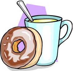 A glazed donut with a purple center next to a light blue mug of coffee with a spoon.