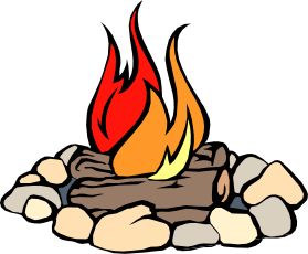 A cartoon-style campfire with bright orange and red flames surrounded by stones and logs.