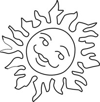 A cheerful hand-drawn sun with a smiling face and wavy rays, ideal for children's content or weather illustrations.
