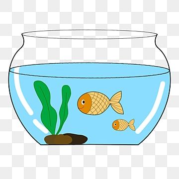 Clear glass fishbowl with two orange fish, green aquatic plants, and pebbles in blue water.
