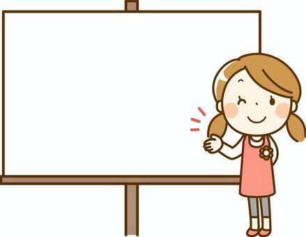 Smiling girl with pigtails pointing at a blank whiteboard, ready to present or teach.