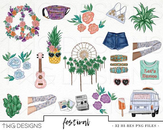 Festival-themed watercolor clipart set including flowers, pineapple, ukulele, van, shorts, sunglasses, and accessories.