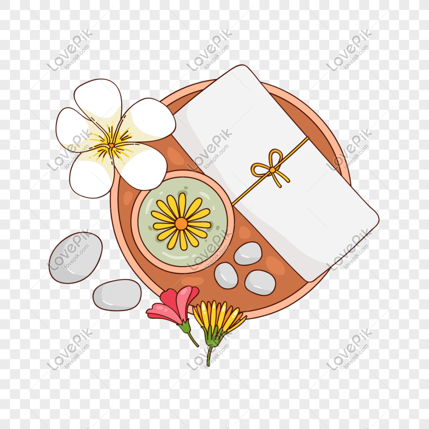 A serene spa arrangement with a clay bowl, flower-infused gel, smooth stones, fresh blooms, and a gift-wrapped card on a checkered background.