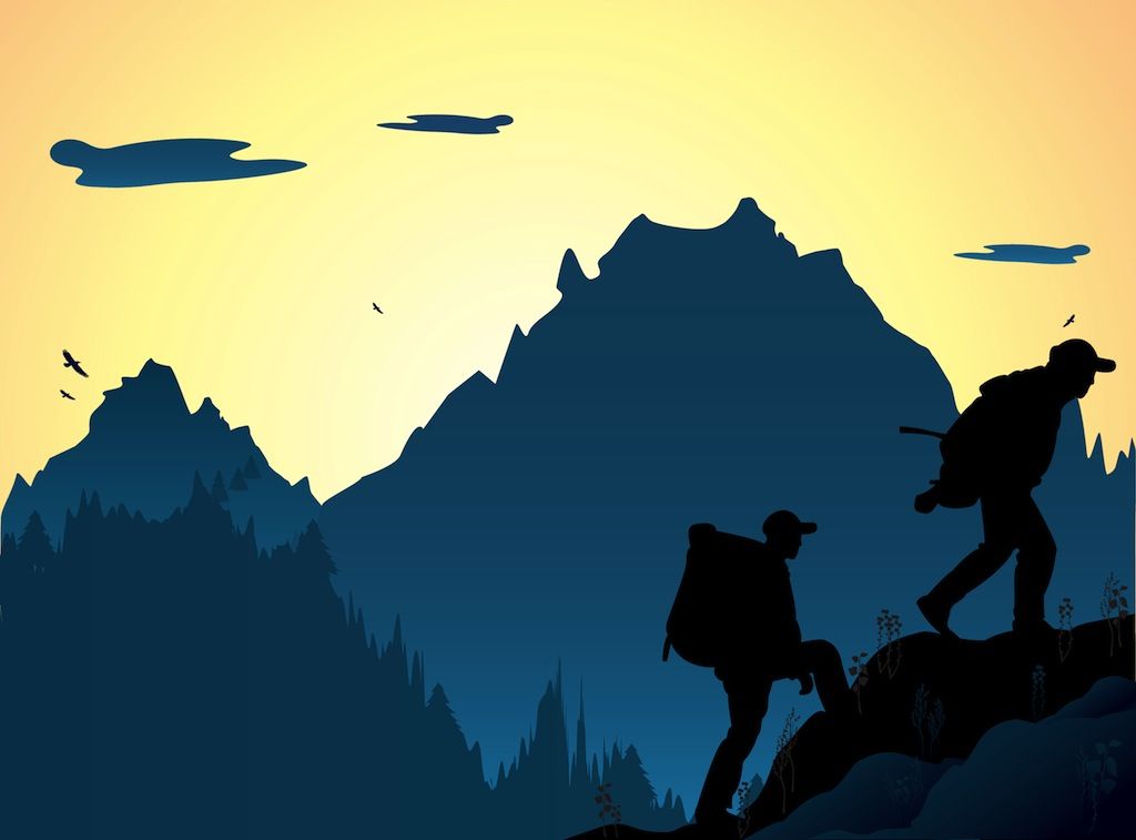 Two hikers silhouetted against a golden sunset, ascending rugged mountain peaks with birds flying overhead.