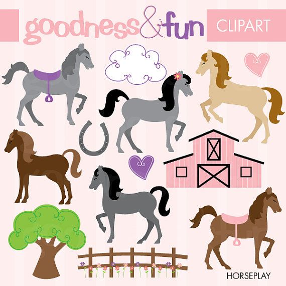 Cute cartoon horses, barn, fence, tree, hearts, and horseshoe clipart set for horseplay themes.