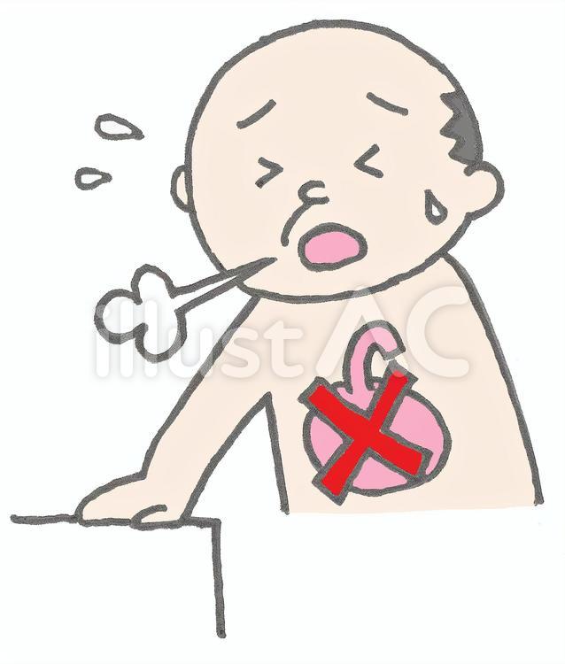 A cartoon of a bald man coughing with sweat drops, holding his chest where a heart with a red X is shown.