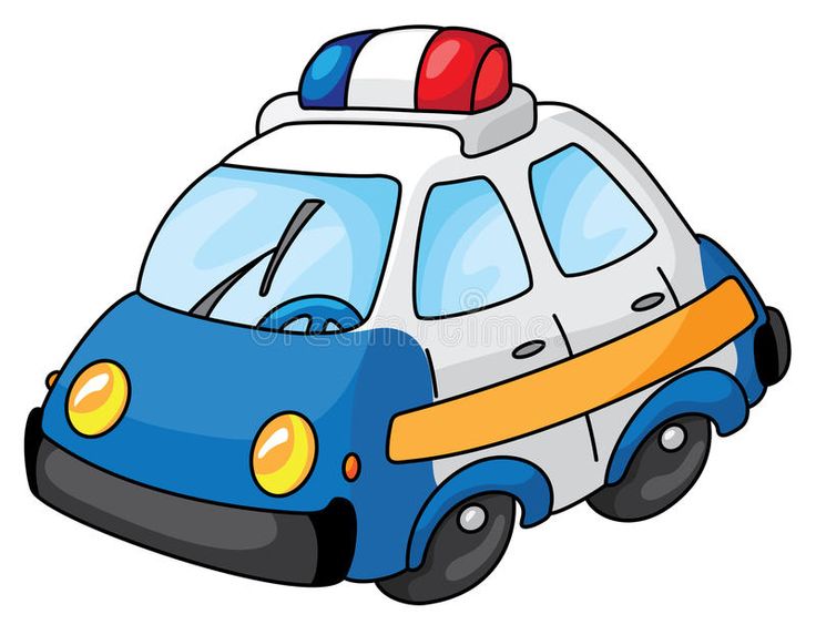 Cartoon police car with blue body, white roof, orange stripe, and red-blue siren lights.