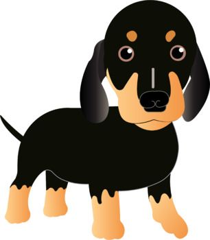 Black and tan dachshund cartoon illustration with floppy ears and expressive eyes.