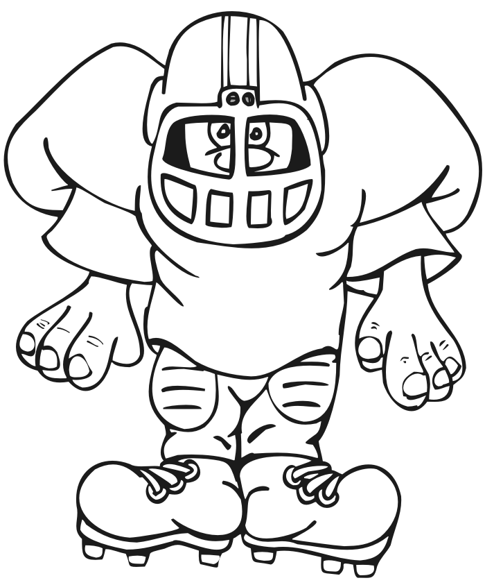 Cartoon football player in helmet and pads, ready to play, black-and-white line art for coloring.