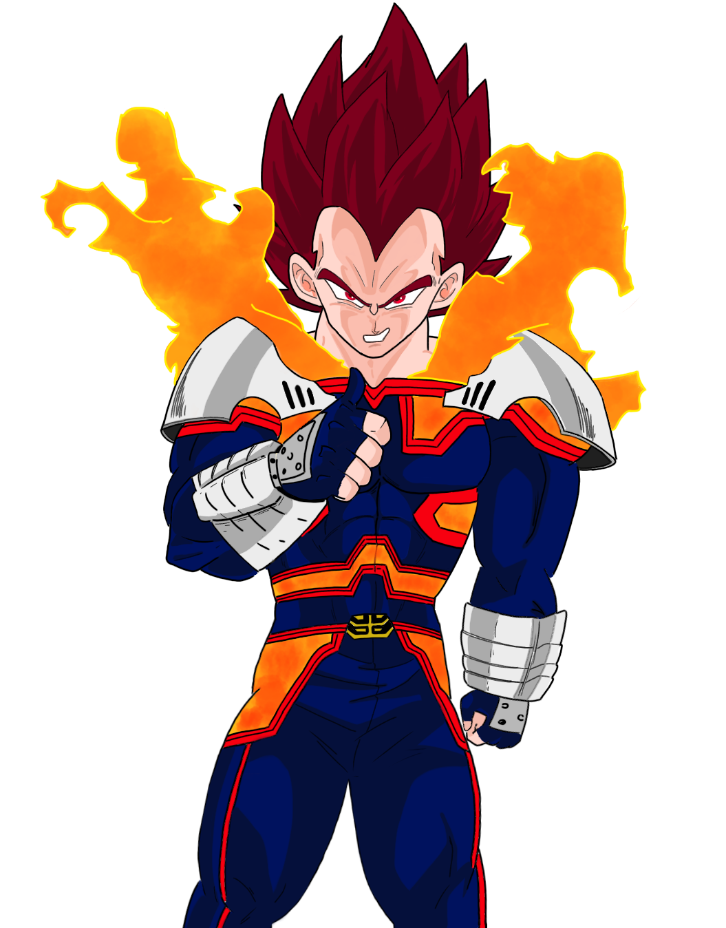 Vegeta in a custom blue and orange armored suit with fiery aura, pointing forward confidently.