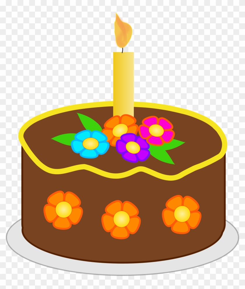 Festive Chocolate Birthday Cake with Flowers and Candle - Free Clipart