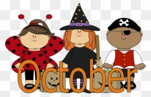 Three cartoon children in Halloween costumes-ladybug, witch, and pirate-standing with jack-o'-lanterns and the word "October".