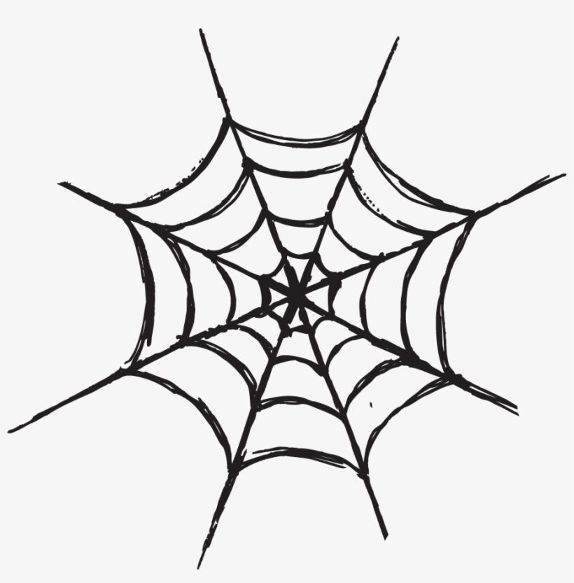 Hand-drawn black spiderweb with radial symmetry and concentric rings on white background.