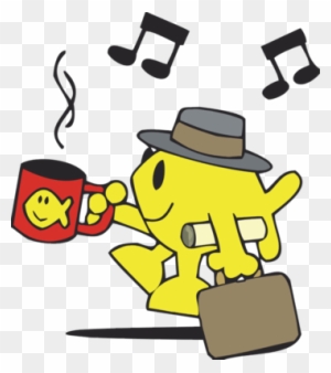 Yellow cartoon fish in fedora holding coffee mug and suitcase, with musical notes floating above.