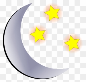 A silver crescent moon with three glowing yellow stars on a transparent background.