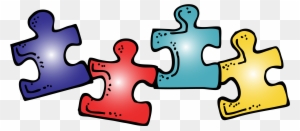 Four interlocking puzzle pieces in blue, red, teal, and yellow on a transparent background.