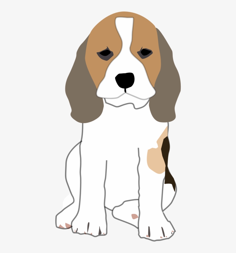 A cartoon-style beagle puppy sitting upright with brown, white, and tan markings and floppy ears.