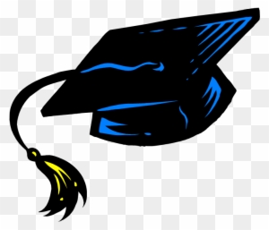 Black graduation cap with blue trim and yellow tassel on transparent background.